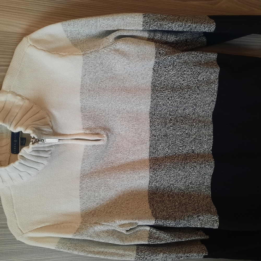 Cream and Gray Cowl Neck Sweater with Ribbed Details